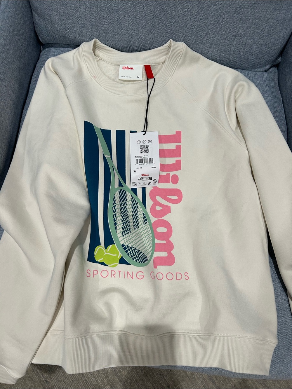 Wilson Cream Crewneck with Tennis Graphic and Pink Logo